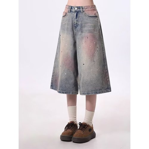 Vintage American Streetwear Relaxed Women's Summer Washed Retro Straight Leg Pants Ink Splash High Street Loose Seven-Eighth Pants