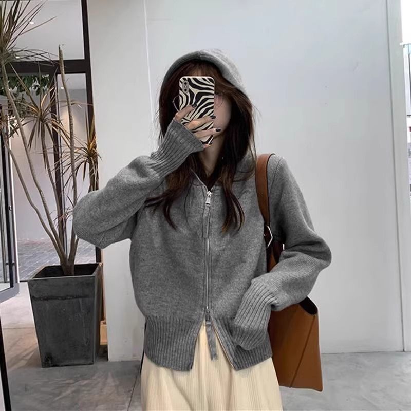 [퍼플스타] 24 가을 · 겨울 포시즌 그린 제인 코리안 그레이 니트 후드여성 루즈아웃 스웨터 쇼트오픈