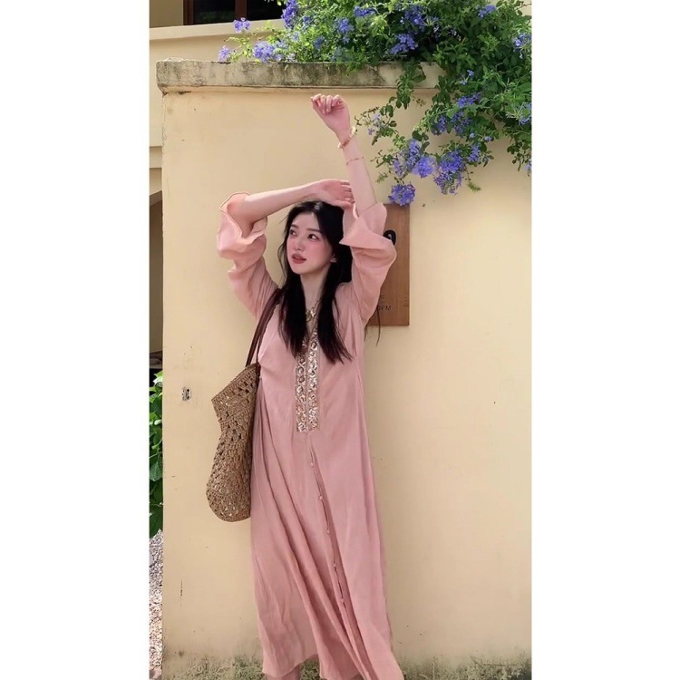 波西米亚度假风V领亮片衬衫连衣裙女秋季绝美飘逸长裙|undefined