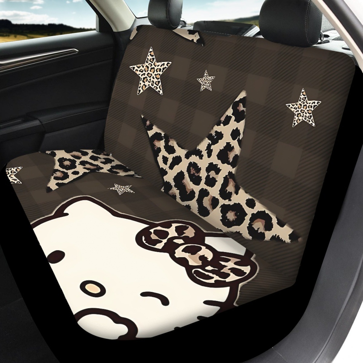 Custom-made car seat covers for independent online stores, featuring a coffee-colored leopard print and a Kitty cat design, to protect both the front and rear seats