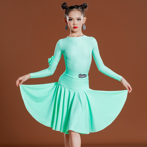 Girls Red Blue Green Purple  Latin Dance Dresses long sleeves Latin professional rules salsa ballroom girls competition performance dance clothes