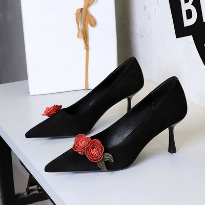 9517-H85 European and American style banquet high-heeled shoes for women, slim heels, suede, shallow mouthed, pointed fl