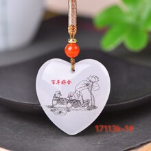 新疆精品金丝玉羊脂白爱心百年好合白头偕老玉石吊坠送新婚夫妻