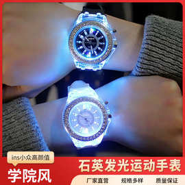 学生透明电子表男女中性潮流石英发光防水运动表日内瓦硅胶手表