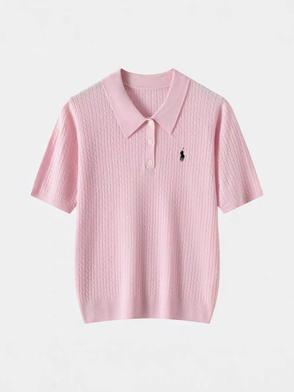 100% メリノ梳毛ウール半袖セーター女性のポロ襟ケーブルソリッドカラースリムプルオーバー Tシャツ夏と秋|undefined