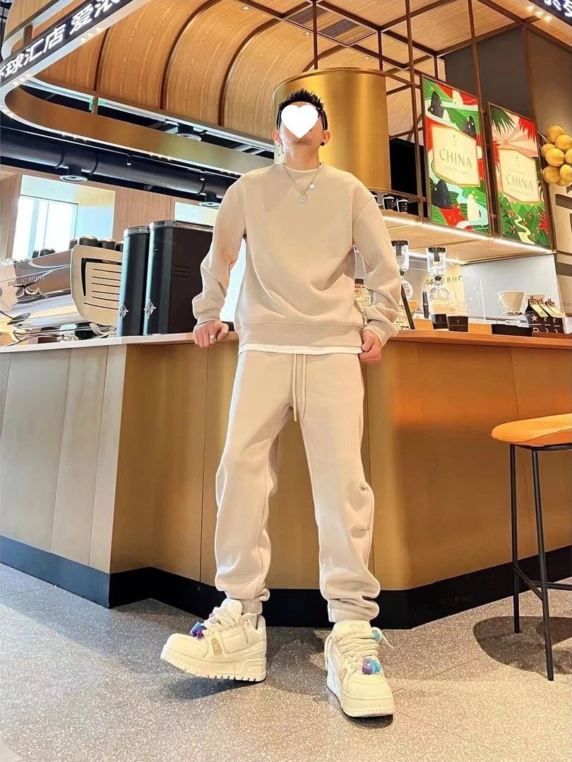 남자 올 매치 느슨한 라운드 넥 스웨터 투피스 겨울 기모 두꺼운 단색 가짜 투피스 캐주얼 세트