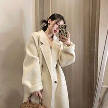 美拉德中长款毛呢外套女小个子慵懒赫本秋冬加绒加厚呢子大衣氨纶