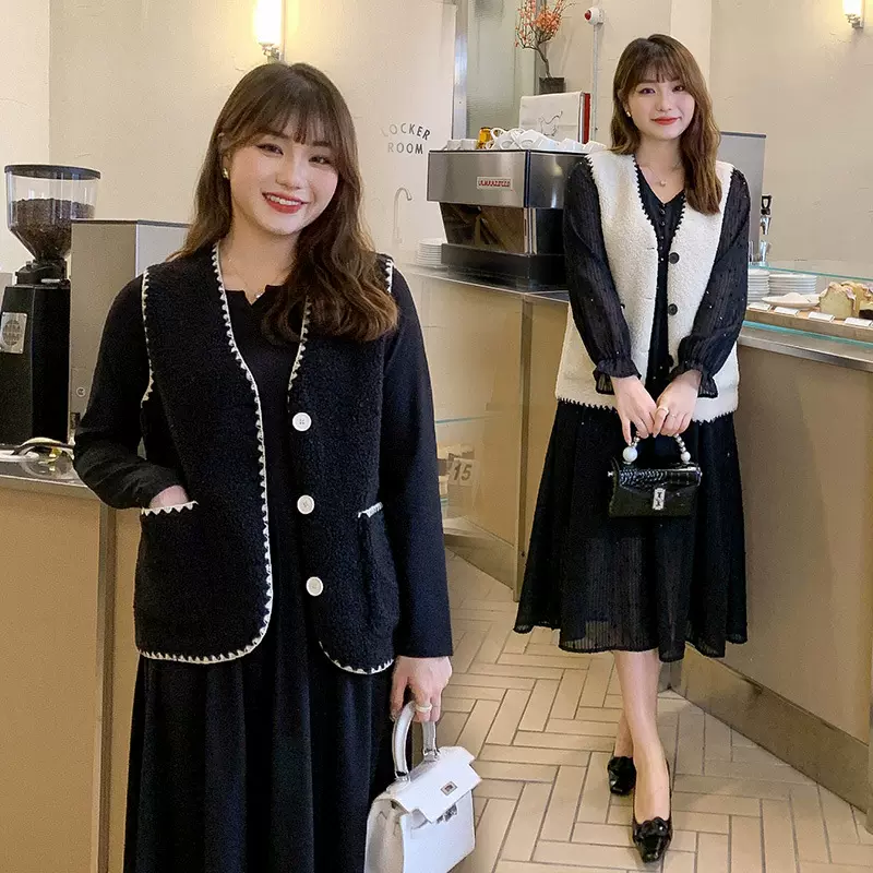 微胖上衣大码女装春季胖mm羊羔绒马甲女设计感小众背心外搭2998