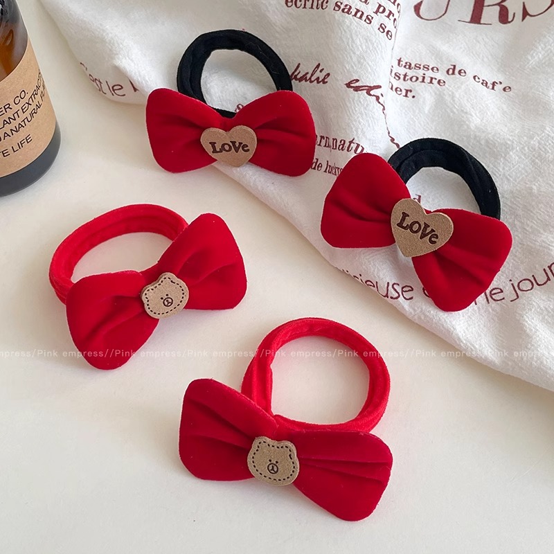 Niños de Año Nuevo de terciopelo rojo arco banda de pelo niñas lindo lazo cuerda de pelo alto elástico durable cabeza cuerda banda de goma