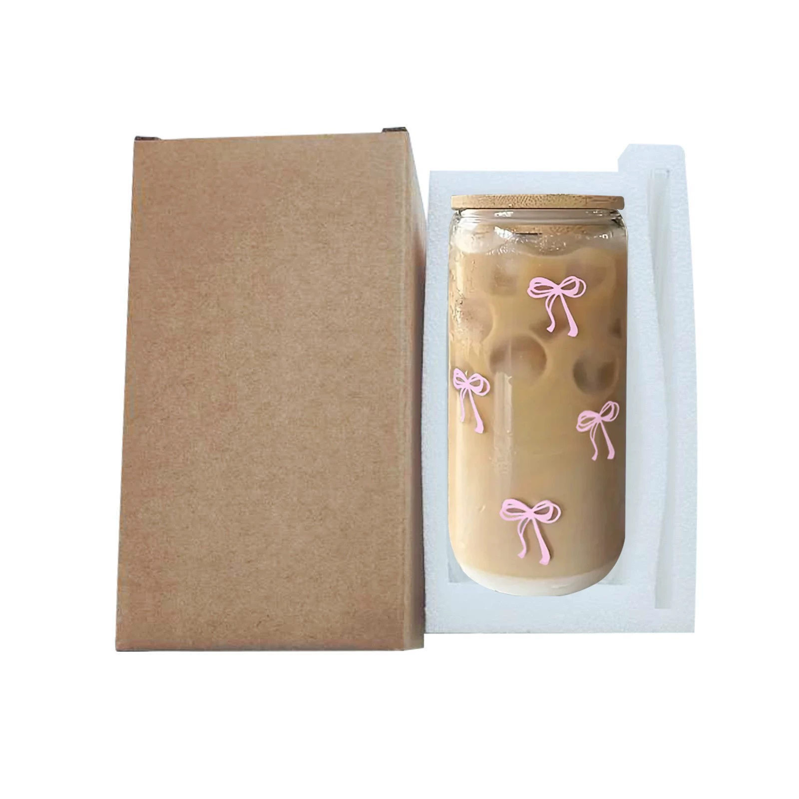 Стеклянный стакан 16 oz, вместительный кола-стиль с рисунком бантиков и стеклянной трубочкой