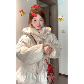 2025日系学院风彩色波点连帽棉服外套女冬季新款加厚保暖面包服装