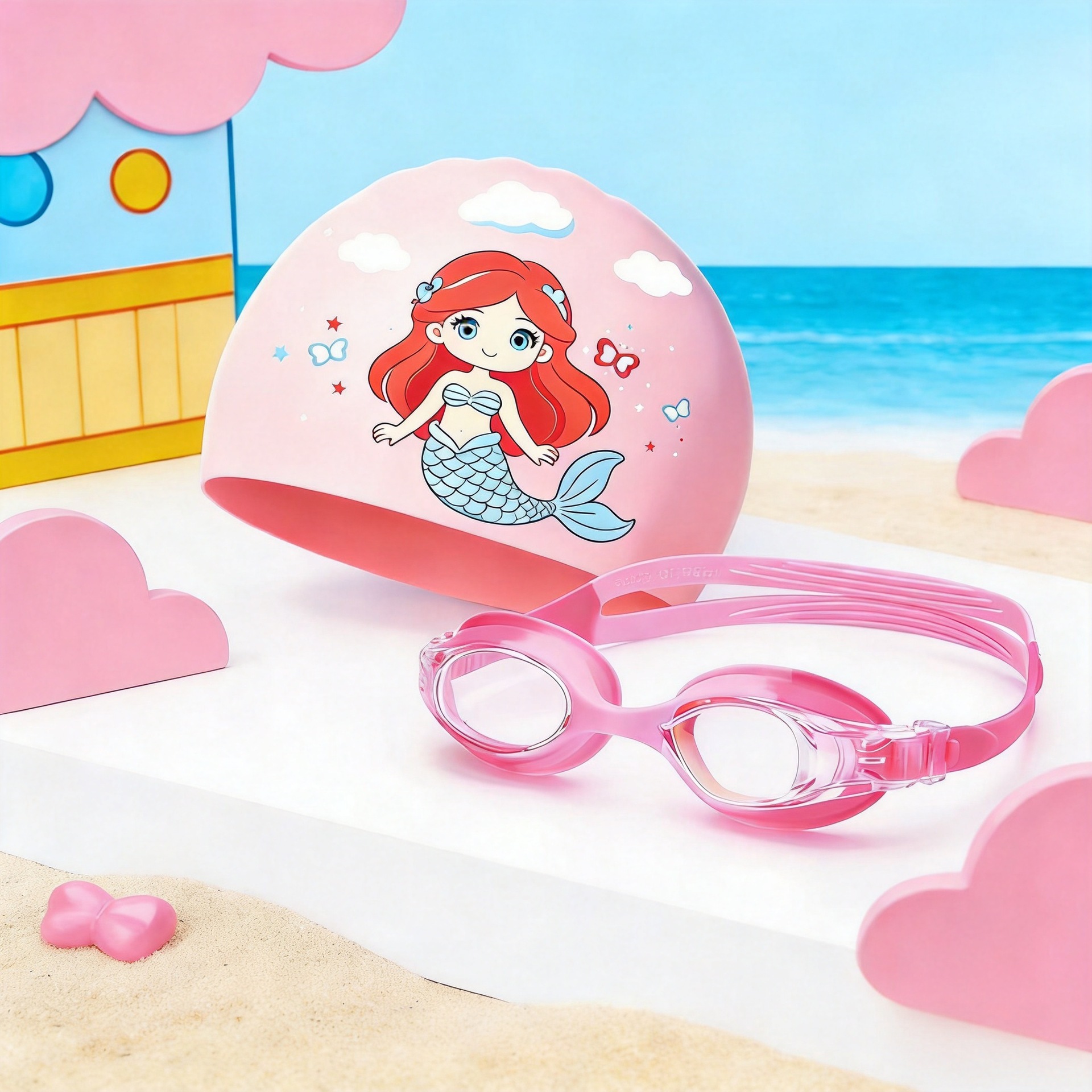 50g gorra de sirena + gafas de natación transparentes rosa