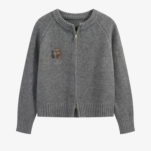 Retro Youthful Color Point Teddy Bear V-Neck Loose Knit Sweater for Women - Sweet Zipper Long Sleeve Knit Top for Autumn and Winter