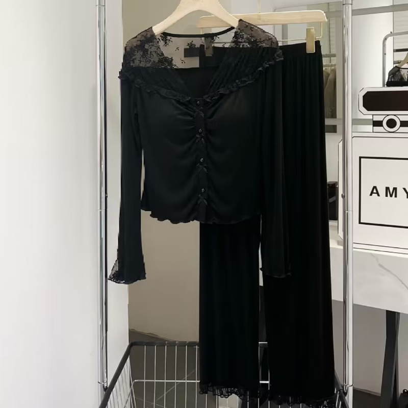 Modal Pajamas Women's Spring and Autumn 2025 New Sexy Lace Home Clothes with Chest Pad Long Sleeve Trousers suit Modal Pajamas Women's Spring and Autumn 2025 New Sexy Lace Home Clothes with Chest Pad Long Sleeve Trousers suit