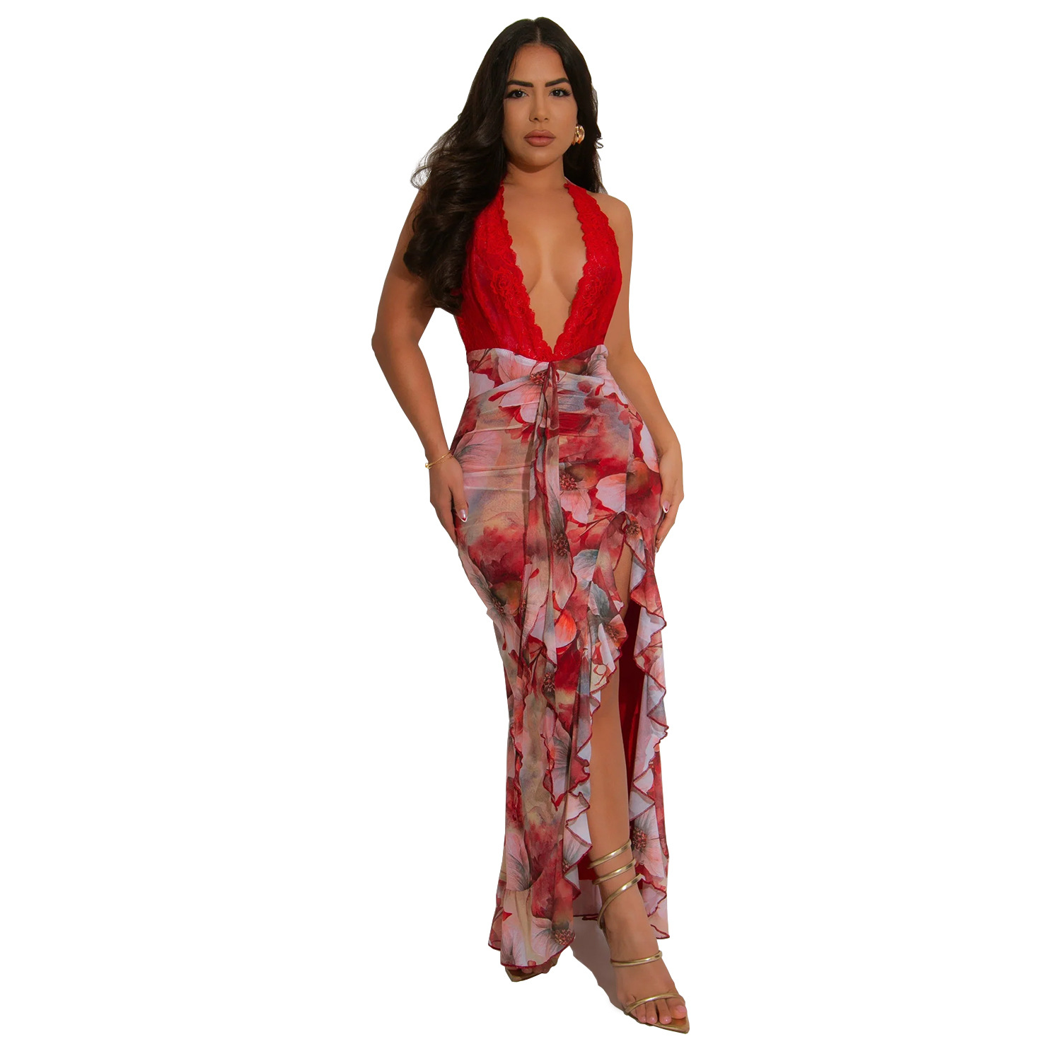 C7262 Transbordador AliExpress Amazon Moda europea y americana Vestido estampado delgado con cuello halter en v profundo sexy para mujer image 5
