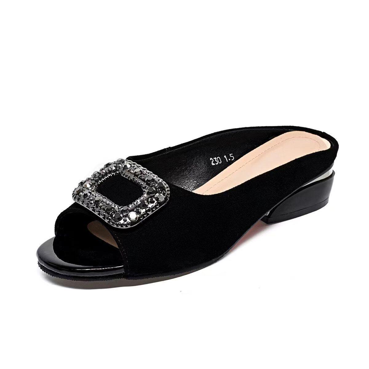 Sandal peep toe nữ gót vuông da thật, đế mềm chống trượt, gót thấp 4 cm — màu đen chi tiết 1