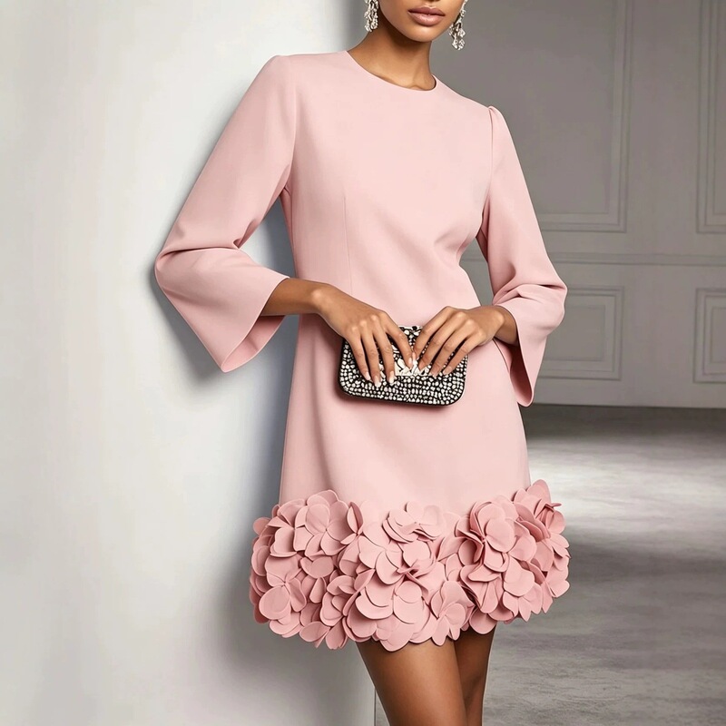 2026 European and American women's fashion: A-line party dress with a round neckline, long sleeves, and a flared hem adorned with three-dimensional floral embellishments 2026 European and American women's fashion: A-line party dress with a round neckline, long sleeves, and a flared hem adorned with three-dimensional floral embellishments