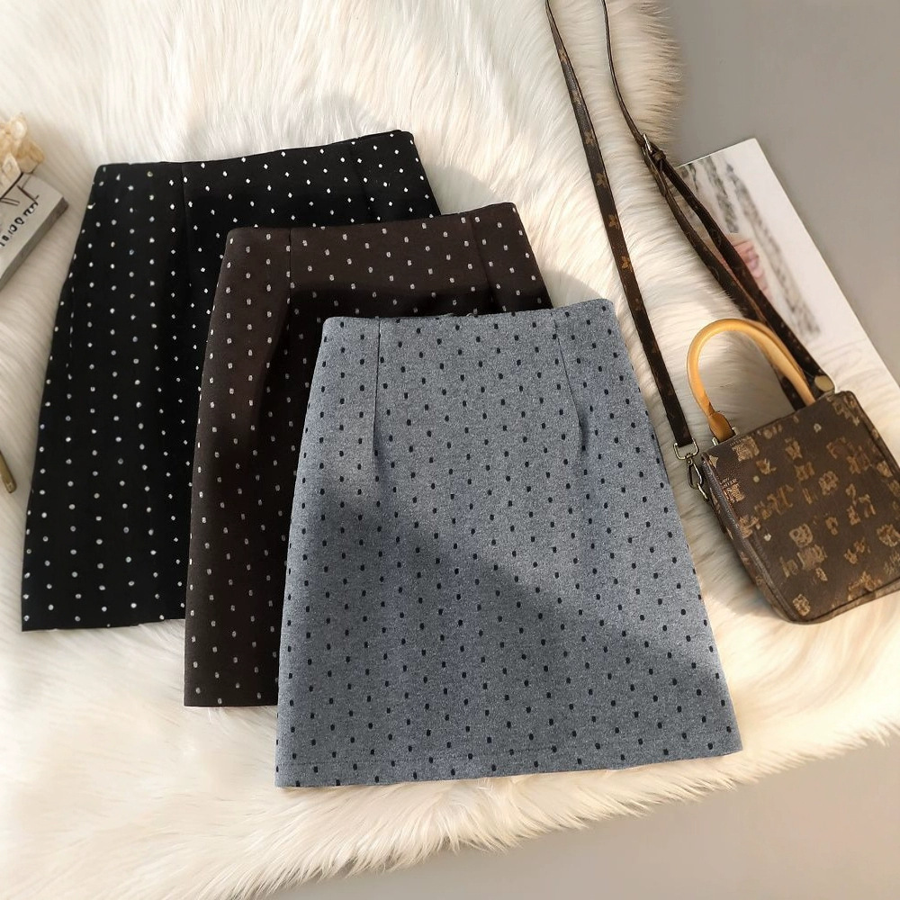 Unmun Polka Dot Woolen Skirt Women's Autumn and Winter New High-Waisted Elegant Covering the Flesh and Slimming Look Versatile Skirt Covering the Buttocks A-Line