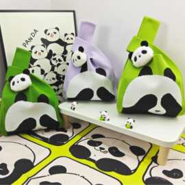 可爱熊猫手提包女针织毛线水桶包日韩版百搭手拎休闲托特包盒饭袋