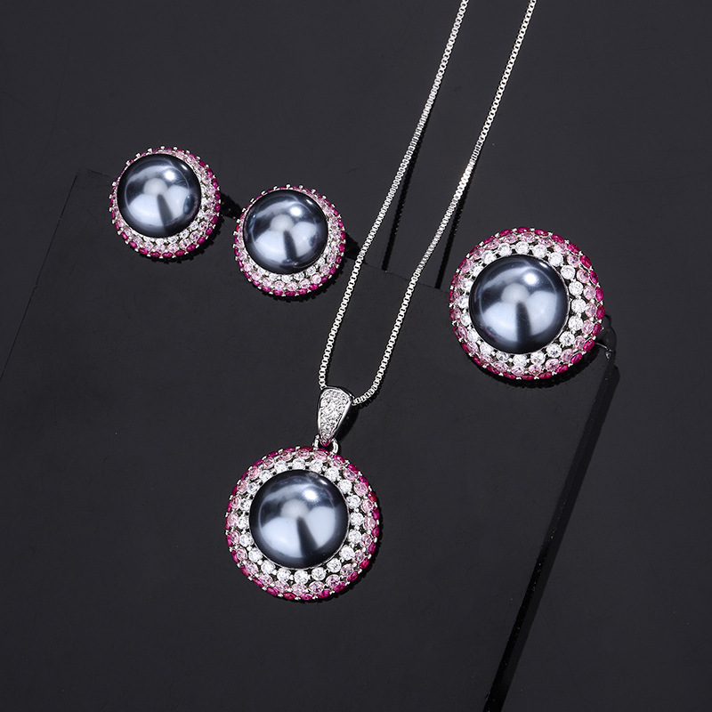 Joyas de Zhuang Shengsheng con fondo de cobre chapado en oro, tesoro de color de simulación con incrustaciones de perlas grises, traje de tres piezas para mujer 14-12mm