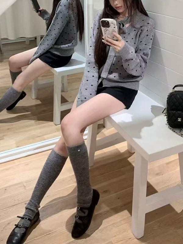 Chien miu系千金风上衣 小众蝴蝶结灰色波点针织开衫毛衣女|undefined
