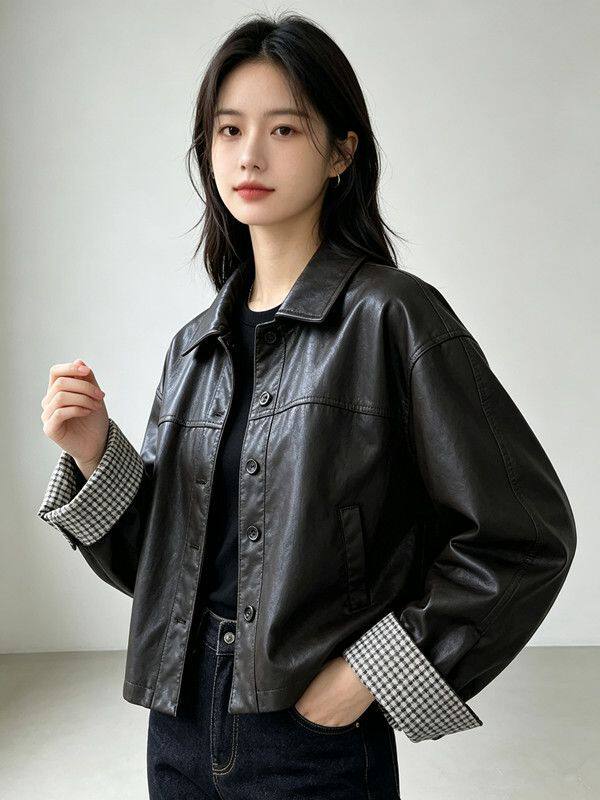 Áo khoác da PU nữ dáng ngắn cổ bẻ, phong cách Hàn Quốc, thời trang casual, dáng rộng, dễ phối đồ, retro, mùa thu — Màu nâu cà phê, màu đen chi tiết 8