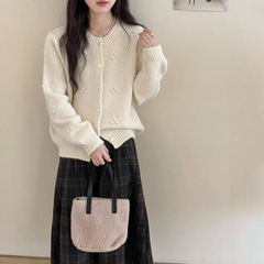 韩系温柔甜美刺绣花朵针织开衫女秋冬季宽松软糯毛衣外套百搭上衣