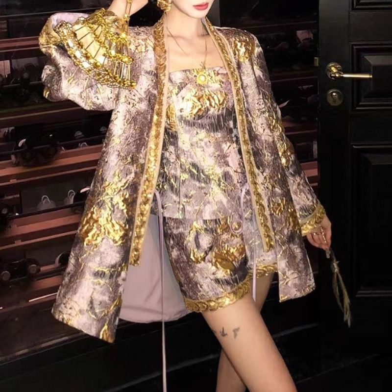 2025秋新款紫气东来秋季女新中式国风立体浮雕绣花外套短裤套装女|undefined