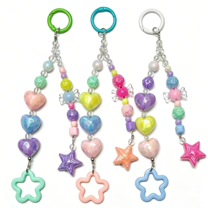 Macaron Color Spray-Painted Heart-Shaped Beaded Phone Chain, Five-Pointed Star Bag Pendant, Wholesale Accessories