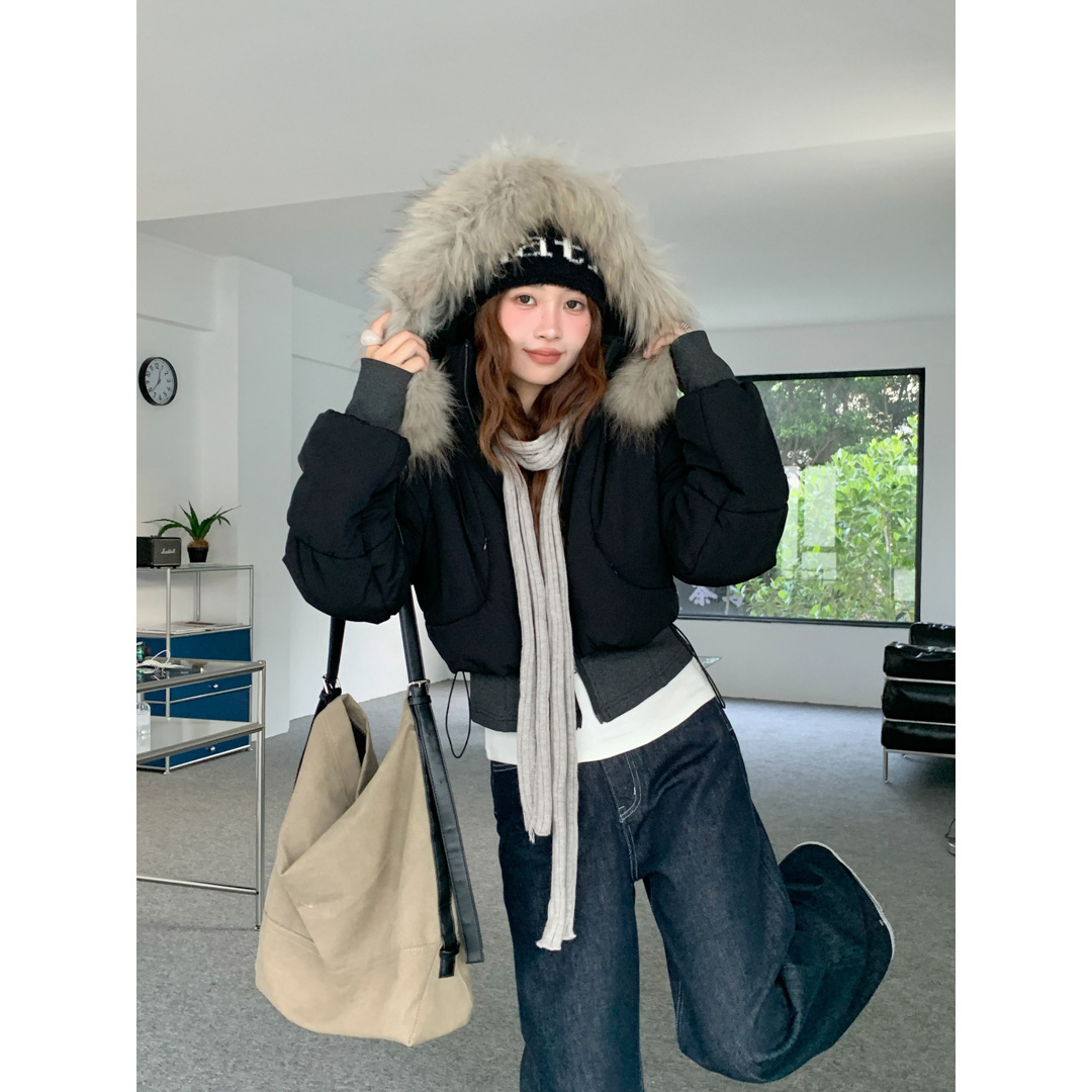 GAGD 真毛领收腰廓形棉服外套2025秋冬小短款夹棉派克连帽小棉衣