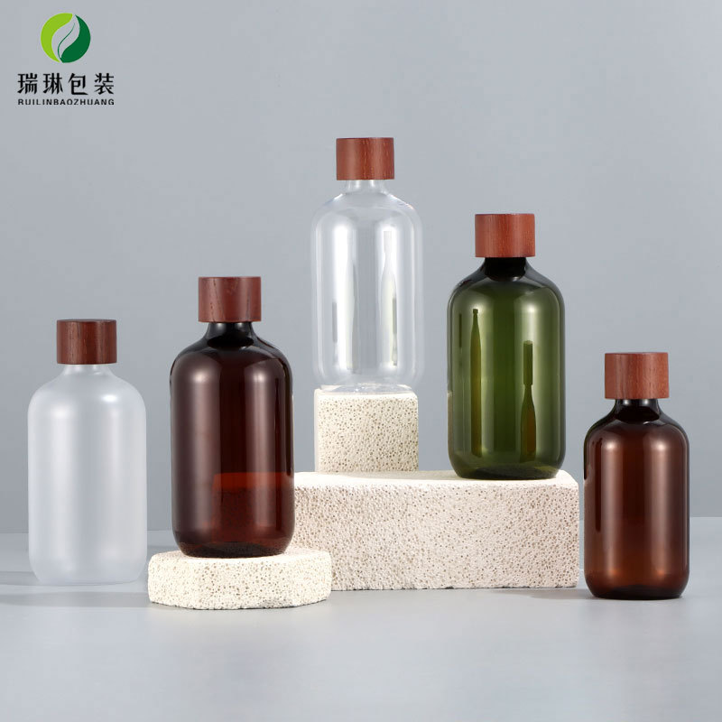 500mlPET纯露瓶圆肩塑料瓶胡桃木盖300ml卸妆油爽肤水化妆品瓶