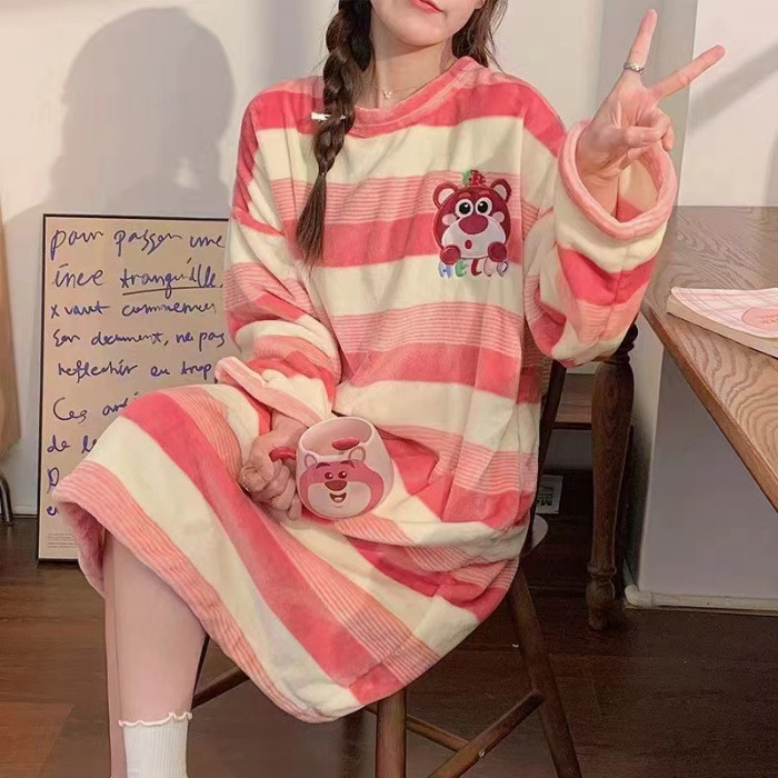 Pijama de lana de coral, pijama de lana de coral largo de invierno para mujeres, franela y lana gruesa, vestido grande, ropa para el hogar