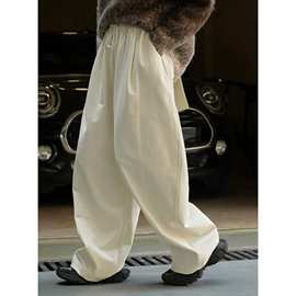 卢浮冬季新款日系慵懒加厚磨毛弧形阔腿休闲裤宽松显瘦保暖长裤女