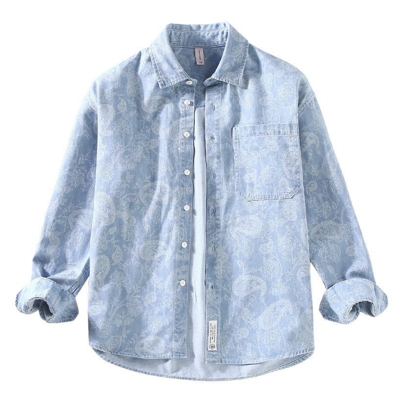 G037 primavera y verano nuevo japonés retro Denim impreso de manga larga camisa casual de los hombres todo partido superior de una sola pieza de entrega