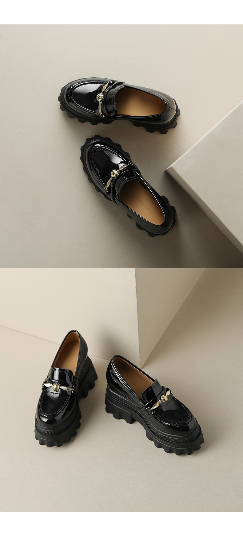Giày loafer nữ đế xuồng cao gót 9 cm, mũi tròn, da bóng, tăng chiều cao — màu đen chi tiết 13