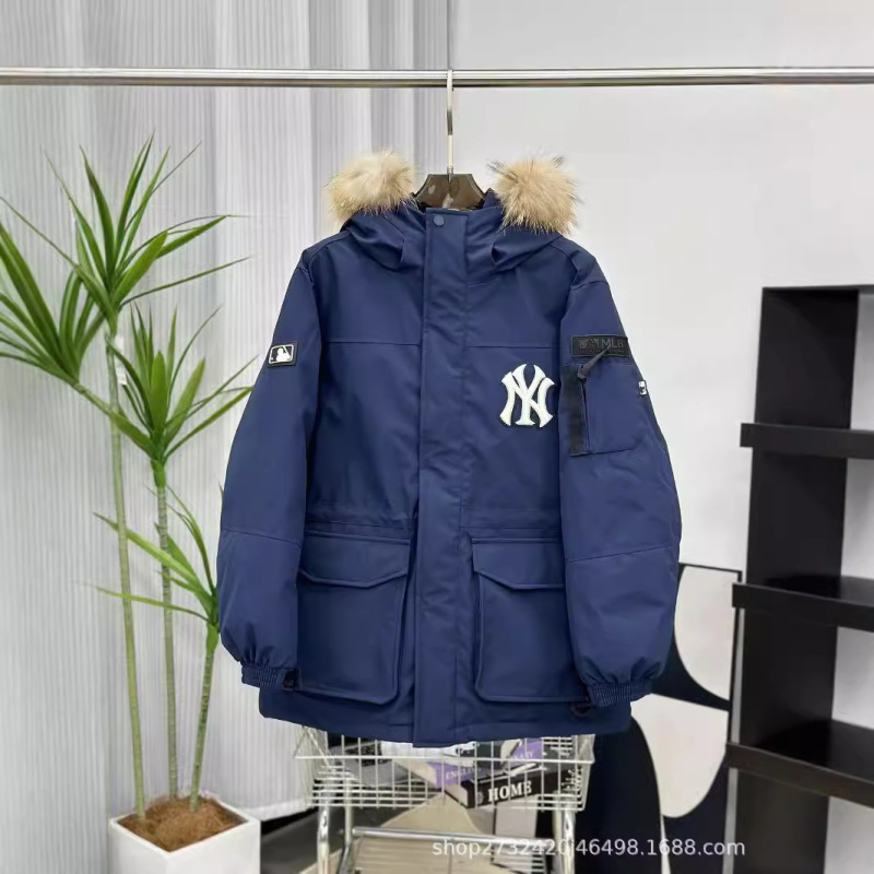 跨境MLB羽绒服洋基队工装大毛领中长款男女款白鸭绒派克外套|undefined