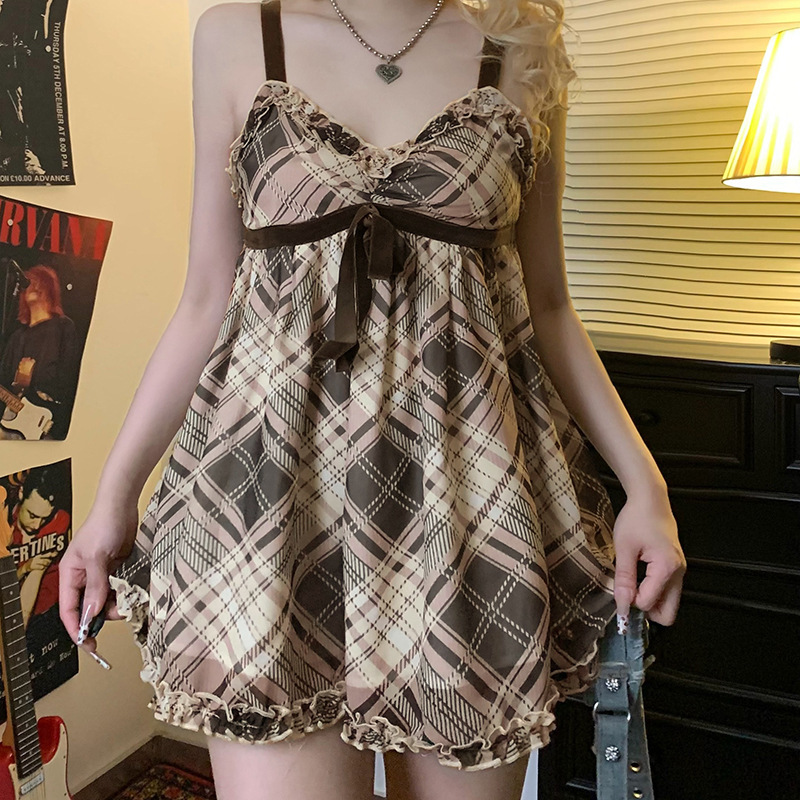 欧美甜美少女风格纹撞色蝴蝶结吊带跨境V领蕾丝花边宽松百搭上衣