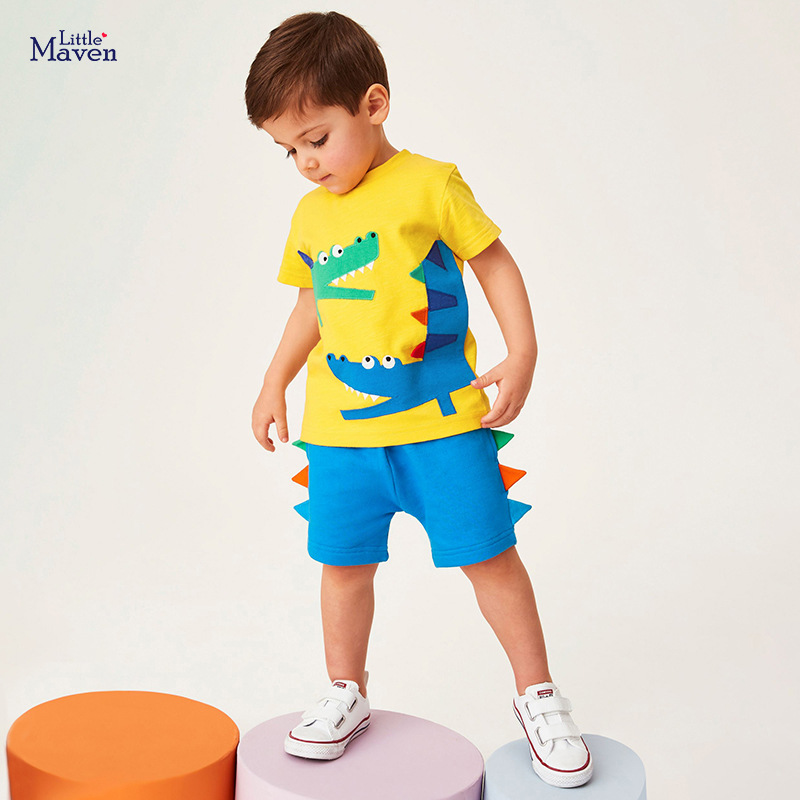 Little maven夏季新款童装欧美卡通男童套装纯棉贴布绣儿童两件套