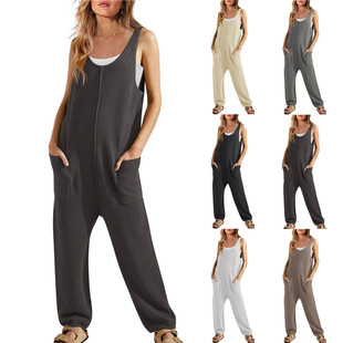 Spring/Summer 2024 New Women's Casual Loose Pants Sleeveless U-Neck Pants Double Pocket Overalls