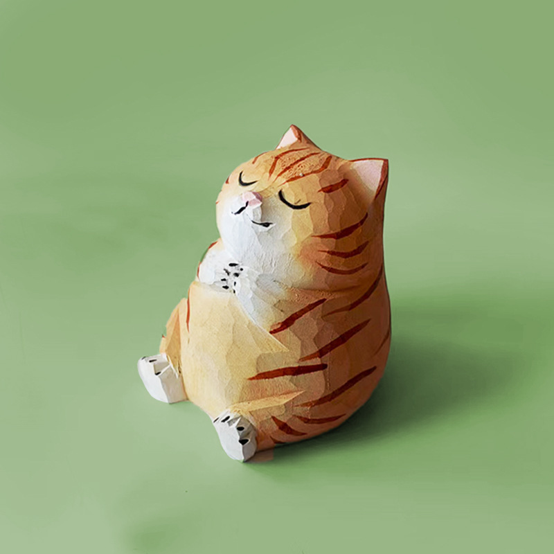 钓鱼小猫纯手工实木雕刻小动物工艺品客厅办公室桌面摆件家居饰品|undefined