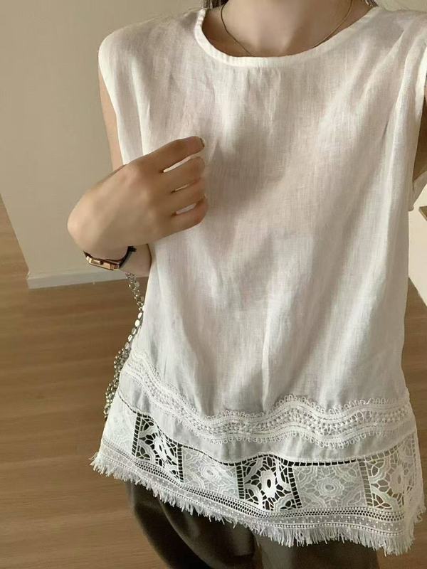 中空刺繍ステッチノースリーブベスト 2025 文学レトロラウンドネックバックデザイン多用途ルーズトップ女性用|undefined