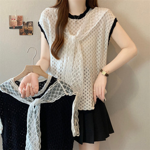 2025 New Summer Lace Shawl Ice Silk Knitted Camisole Large Size Women's Slightly Fat mm French Top