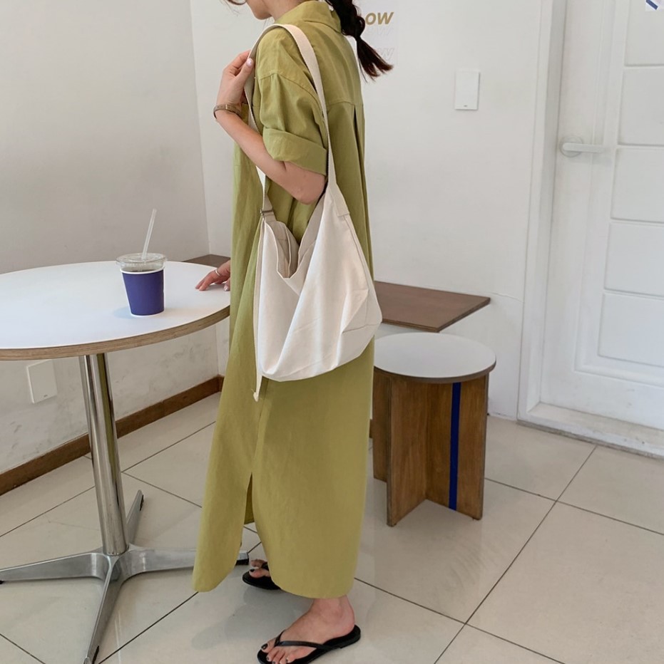 Korean Summer Short Sleeve Long Pattern Dress Loose Lazy Over The Knee Shirt Dress Women