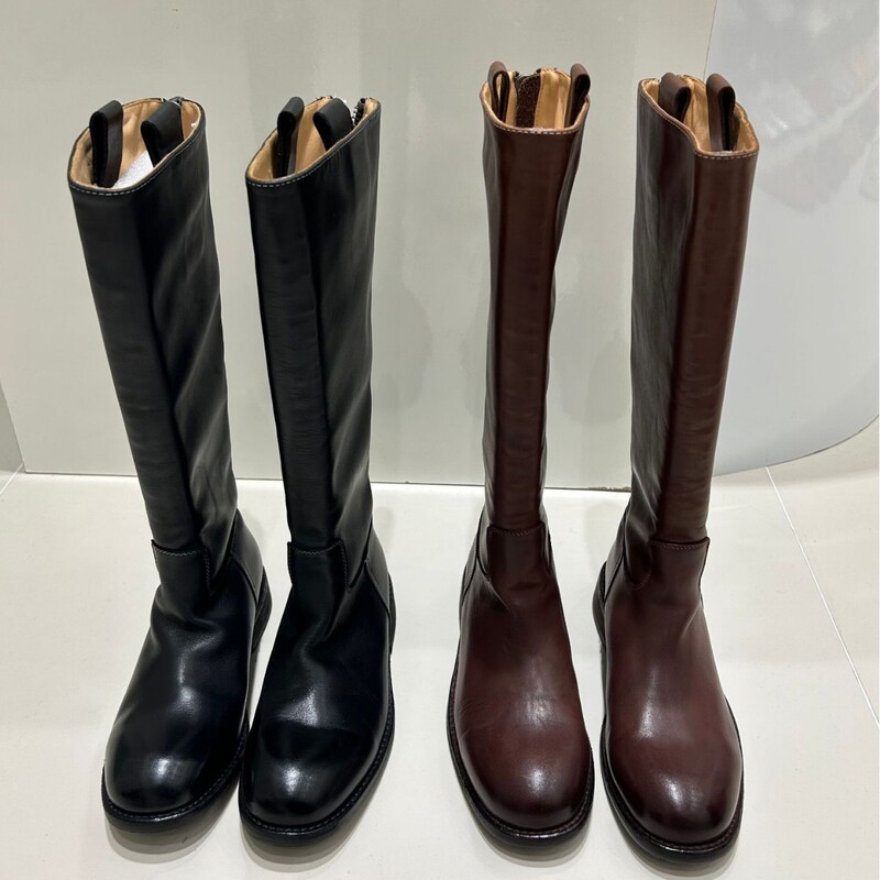 真皮套筒搭扣2025新款女头层牛皮高筒圆头长靴中粗跟欧美骑士靴|undefined
