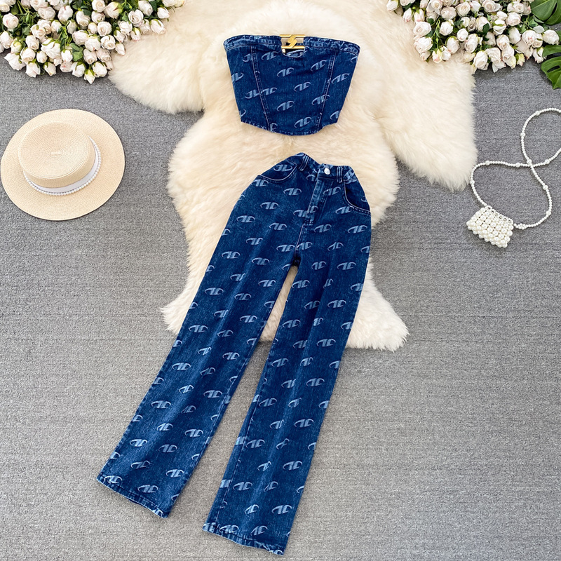 Fashion suit Women's American Style Retro Temperament Strapless Denim Vest Two-piece Casual High Waist Slimming Straight Pants Fashion suit Women's American Style Retro Temperament Strapless Denim Vest Two-piece Casual High Waist Slimming Straight Pants