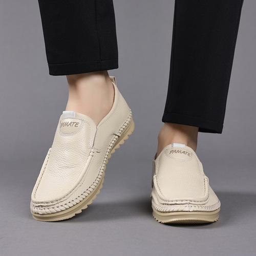 Top-grain leather men's shoes in large sizes, soft-soled, comfortable driving shoes for middle-aged and elderly fathers, slip-on casual men's shoes