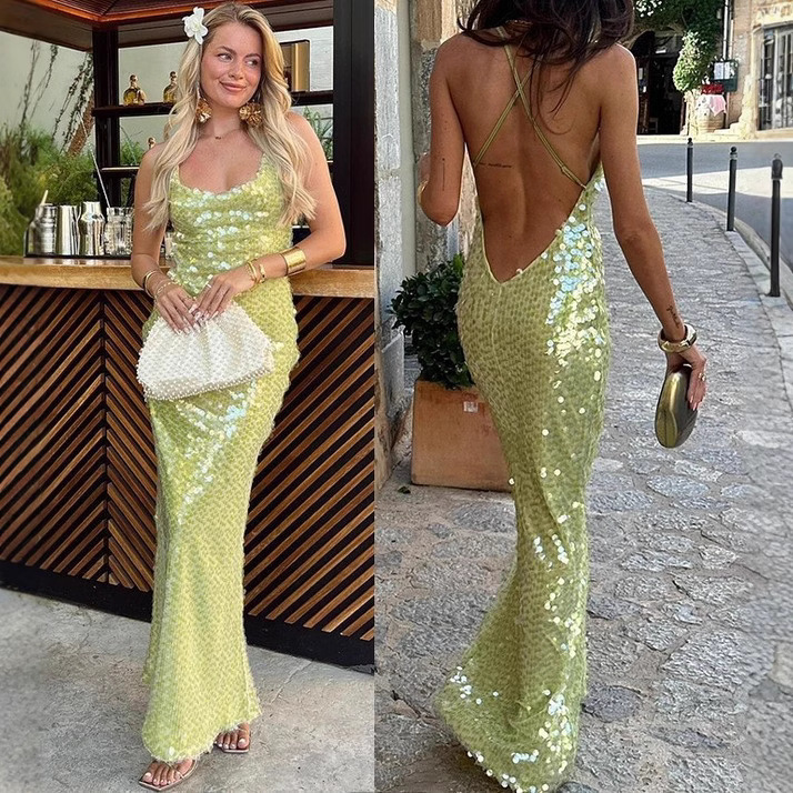2025 Spring and Summer Cross-Border Export New Sexy Slim Sequin Suspender Women's Long Skirt