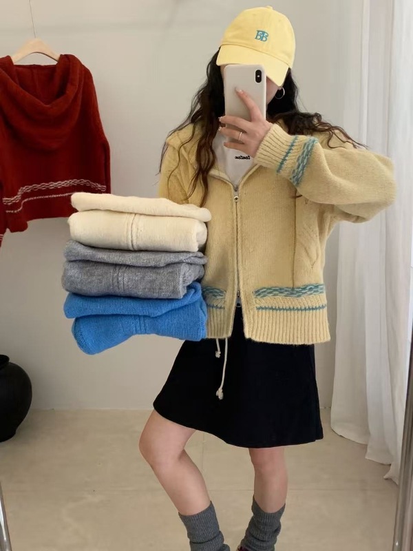 韩系慵懒风复古麻花连帽拉链针织开衫女秋冬新款宽松百搭毛衣外套|undefined