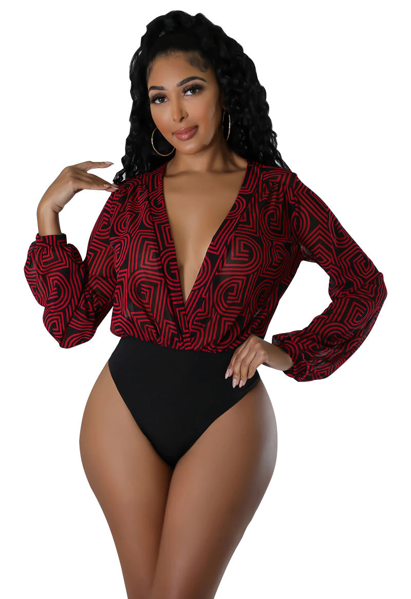 Macacão sexy de manga comprida estampado moda casual outono_voghion.com