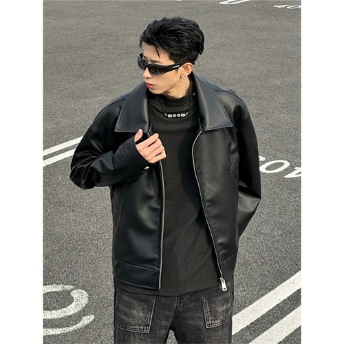 Black Collar Solid Leather Jacket for Men, American High Street Retro, Advanced Sense of Style, Cool and Daring, Spring and Autumn Motorcyclist Jacket